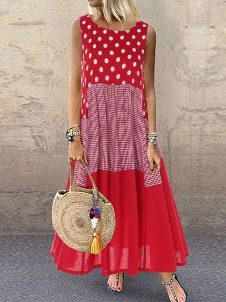 0100 SEXY Summer Women Sleeveless Dresses Cotton Linen Polka Dot Plaid Patchwork